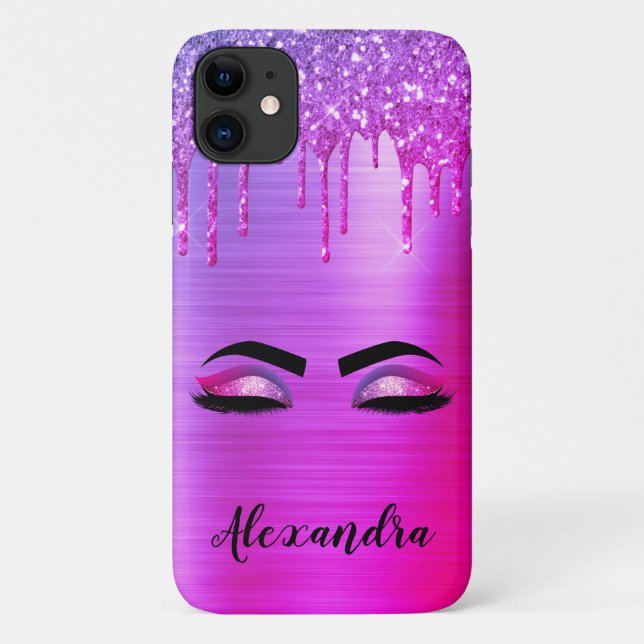 Capa Para iPhone 11 Glitter Roxo Eyelashes Eyelashes Monograma (Verso)