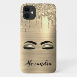 Capa Para iPhone 11 Glitter Sparkle Eyelashes Dourado Nome do Monogram