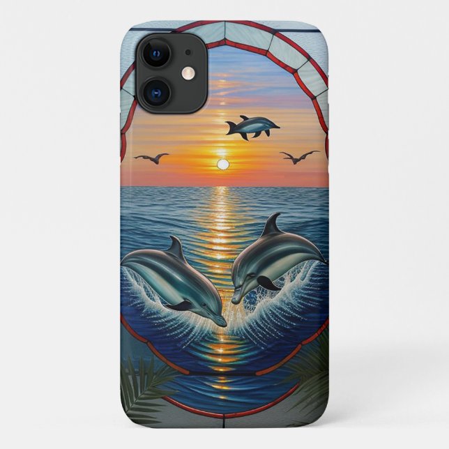 Capa Para iPhone 11 Golfinhos pulando ao pôr do sol no oceano (Verso)