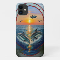 Golfinhos Saltando ao Pôr do Sol no Oceano