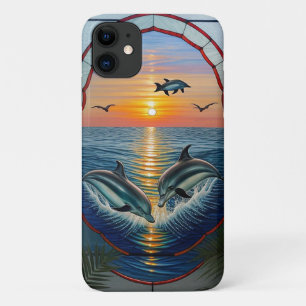 Capa Para iPhone 11 Golfinhos Saltando ao Pôr do Sol no Oceano