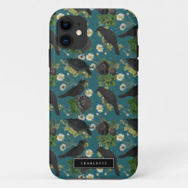 Capa Para iPhone 11 Gótico Coroa e Rosas Pretos Padrão Teal Profundo