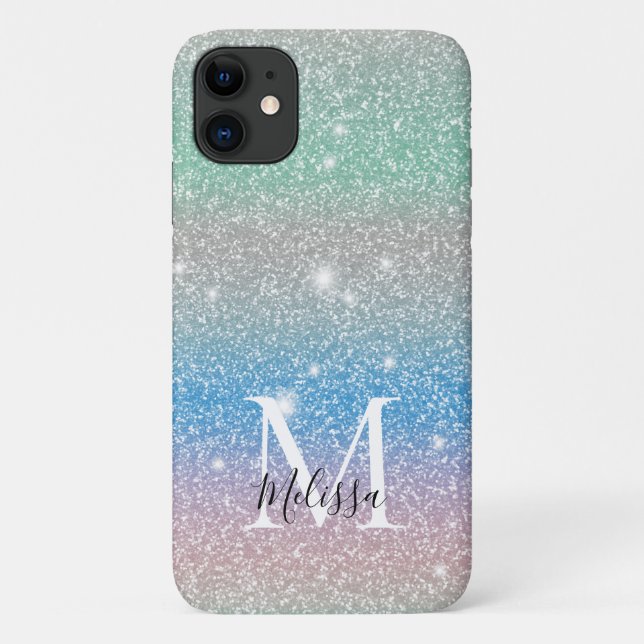 Capa Para iPhone 11 Gradiente Pastel Brilho Monograma Nome (Verso)