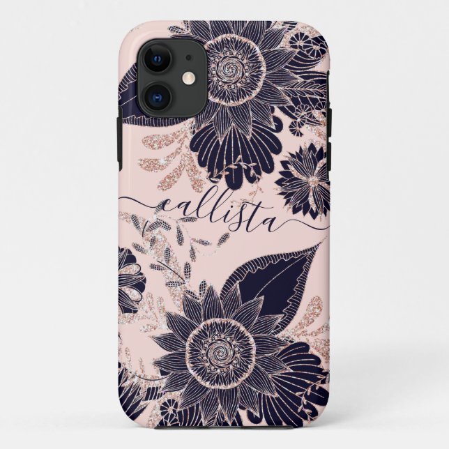 Capa Para iPhone 11 Gráficos Florais Dourados de Rosa Girly Marinho (Verso)