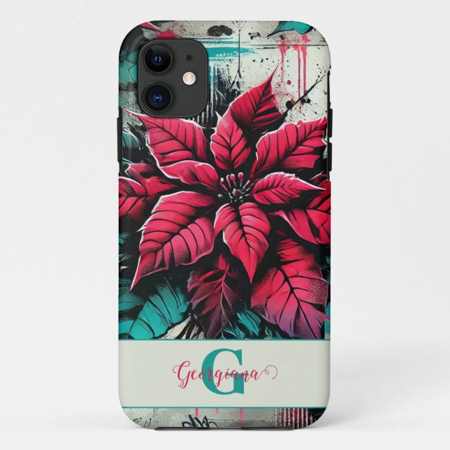 Capa Para iPhone 11 Grafite Grungy Poinsettia Floral Personalizado (Verso)