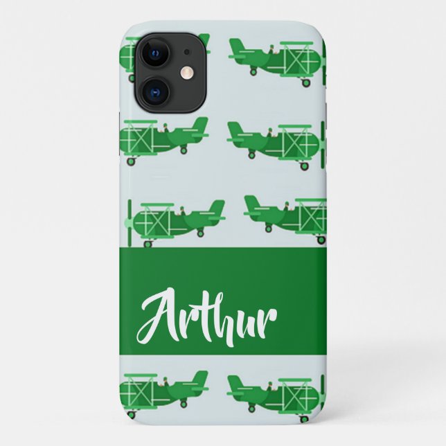 Capa Para iPhone 11 Green flying airplanes on blue (Verso)