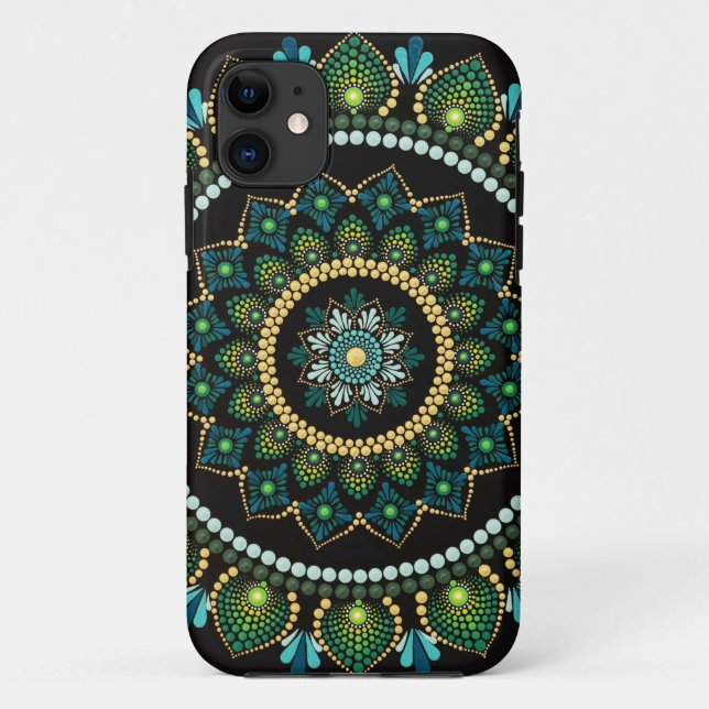 Capa Para iPhone 11 Green Mandala | Pintado manualmente | Geometria Sa (Verso)