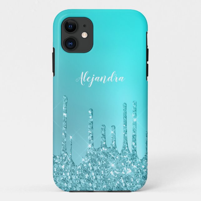 Capa Para iPhone 11 Grelha azul esbelta e glitter (Verso)