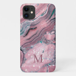 Capa Para iPhone 11 Grelha cor-de-rosa Dourada Quartz Sparkle Monogram