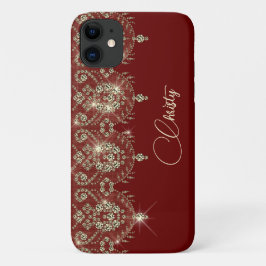 Capa Para iPhone 11 Grelha elegante de cor vermelha e de renda dourada