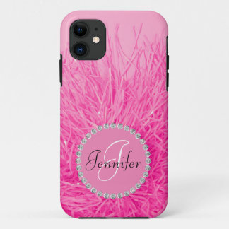 Capa Para iPhone 11 Grelha Rosa Glam Bonito Nome Monograma Personaliza