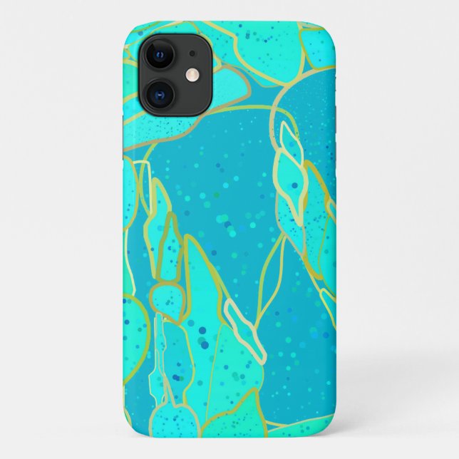 Capa Para iPhone 11 "Gruta Marinha" abstrato - turquesa, azul, dourado (Verso)