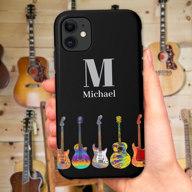 Capa Para iPhone 11 Guitarras Coloridas Monograma (Cool monogram colorful guitars black phone case)
