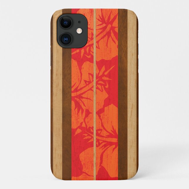 Capa Para iPhone 11 Haleiwa Surfboard Faux Wood Hibiscus em Vermelho (Verso)