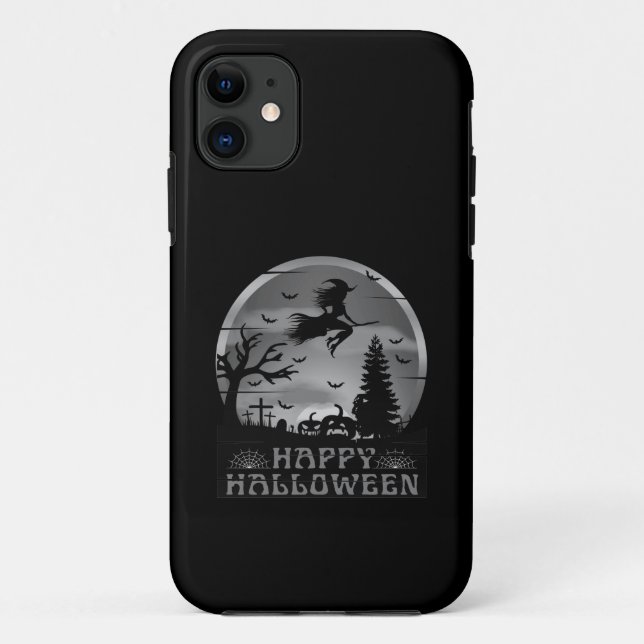 CAPA PARA iPhone 11 HALLOWEEN BRUXA CEMITÉRIO PRETO E BRANCO (Verso)