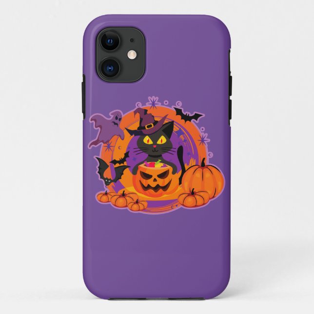 Capa Para iPhone 11 Halloween Cat E Pumpkins (Verso)