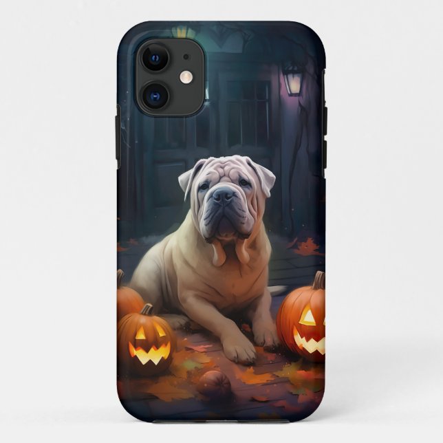 Capa Para iPhone 11 Halloween Shar Pei Com Pumpkins Assustado (Verso)