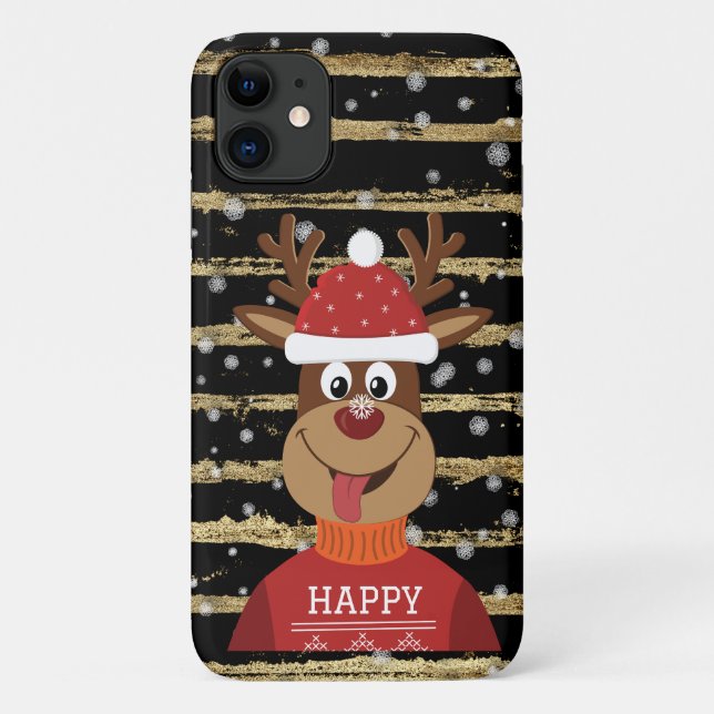 Capa Para iPhone 11 Happy Reindeer In The Snow (Verso)