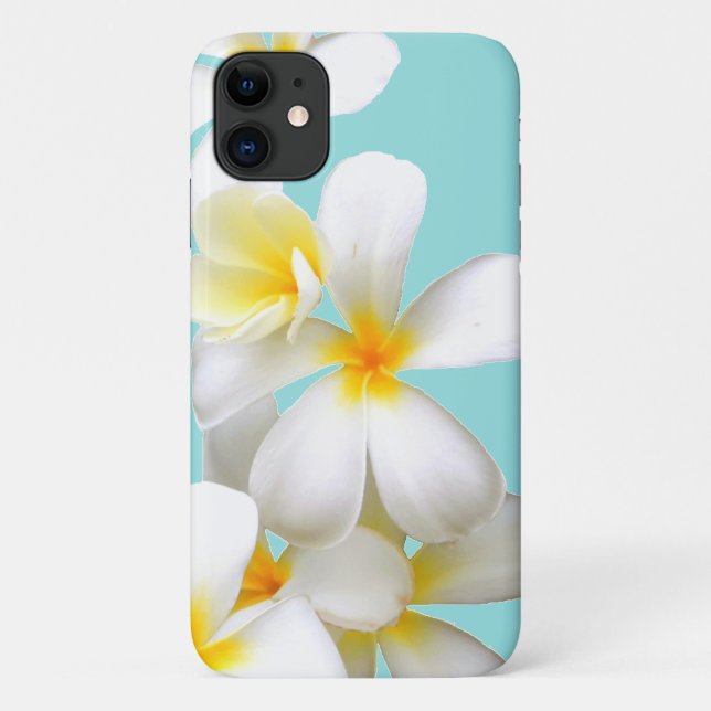 Capa Para iPhone 11 Hawaiian white plumeria flower blue (Verso)