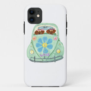 Capa Para iPhone 11 Hippies Dachshund em seu carro do amor das flores