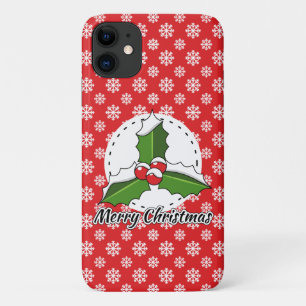 Capa Para iPhone 11 Holly on Red White Snowflakes - Feliz Natal