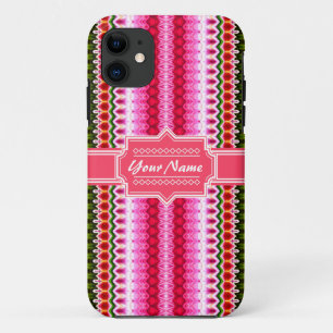 Capa Para iPhone 11 Ikat Chevron, cor-de-rosa e verde, personalizado