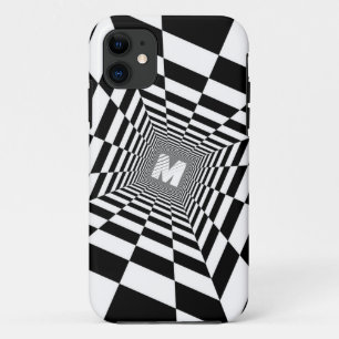 Capa Para iPhone 11 Ilusões Ópticas Pretas e Brancas, Monograma Branco