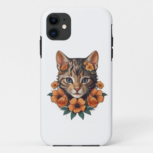 Capa Para iPhone 11 ilustração de flores de fantasia de cabeça de gati (Verso)