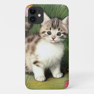 Capa Para iPhone 11 Ilustração de Gato Vintage com Flores Vermelhas