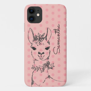 Capa Para iPhone 11 Ilustração Llama Desenhada à Mão e Bolinhas rosa