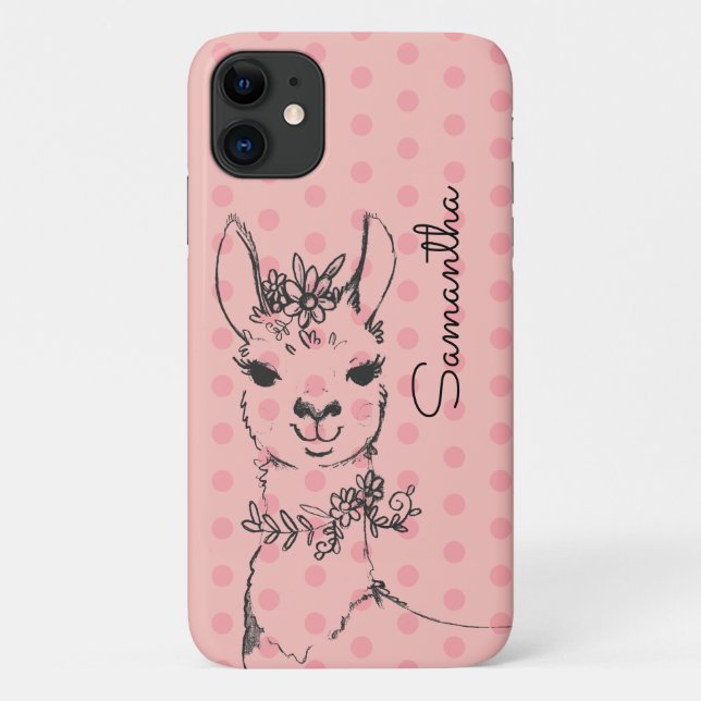 Capa Para iPhone 11 Ilustração Llama Desenhada à Mão e Bolinhas rosa (Verso)