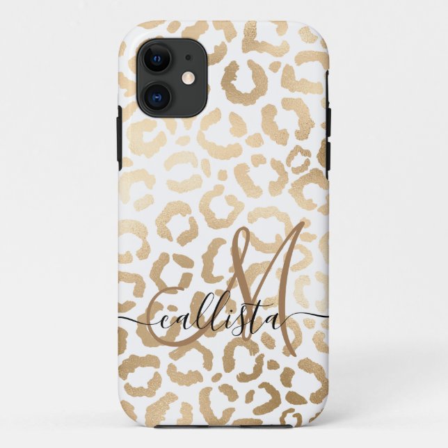 Capa Para iPhone 11 Impressão Animal Leopardo Branco Dourado Elegante  (Verso)