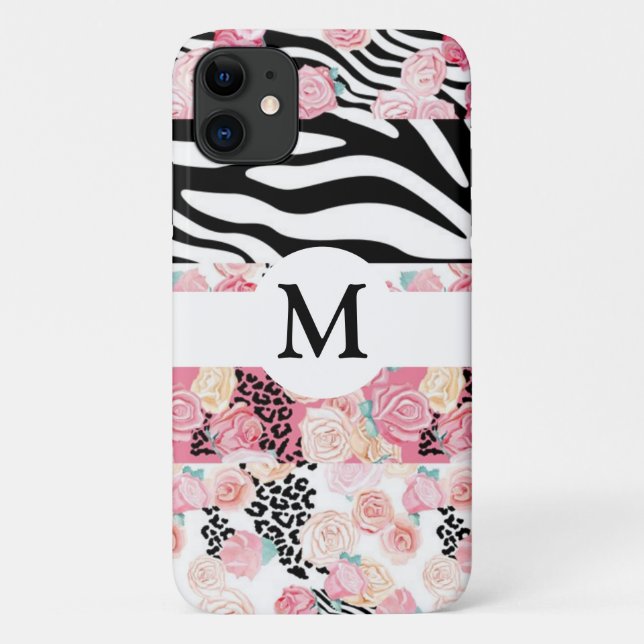 Capa Para iPhone 11 Impressão Animal Preto & Branco Floral Personaliza (Verso)