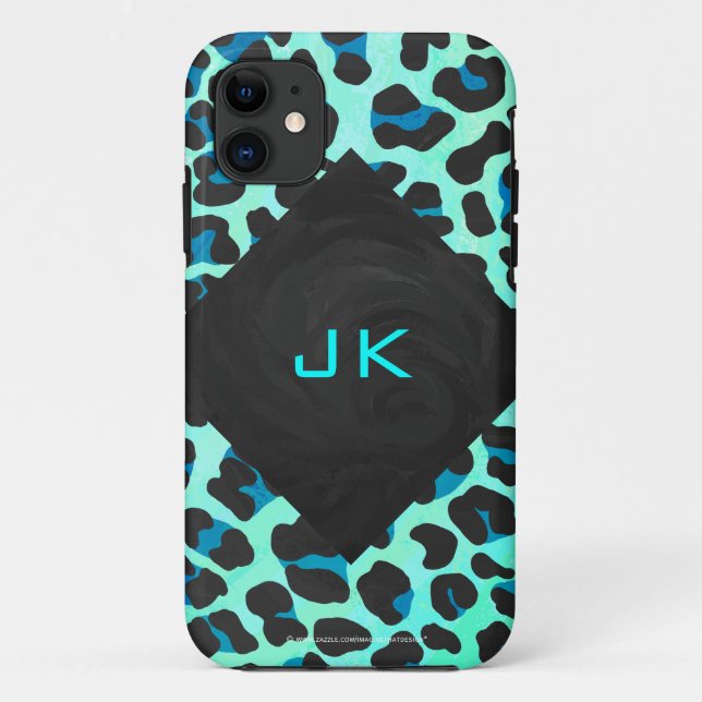 Capa Para iPhone 11 Impressão de Leopardo Negro e Teal (Verso)