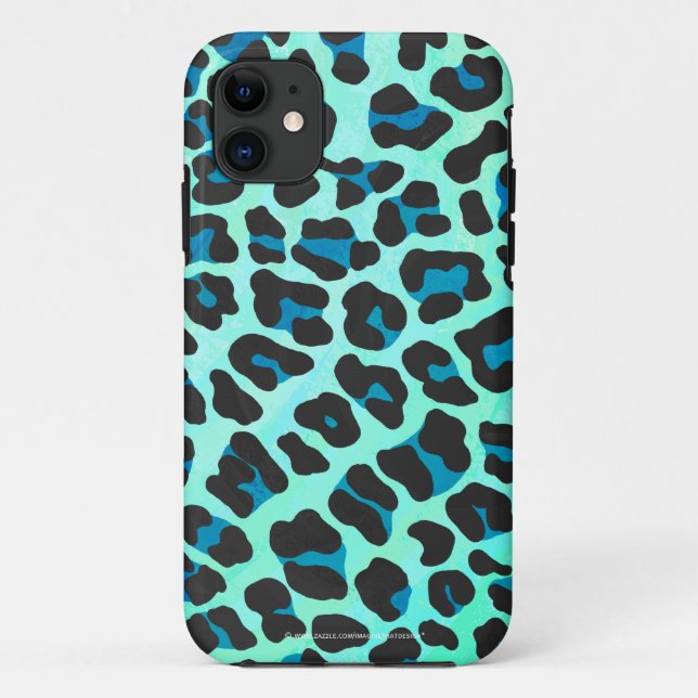 Capa Para iPhone 11 Impressão de Leopardo Negro e Teal (Verso)
