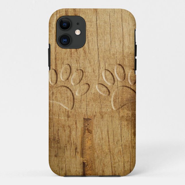 Capa Para iPhone 11 Impressão de Pata de Cachorro em Madeira Talhada (Verso)