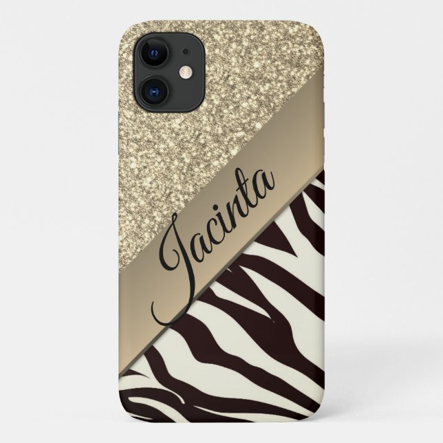 Capa Para iPhone 11 Impressão de Zebra com Glitter Glam Dourado Person (Verso)