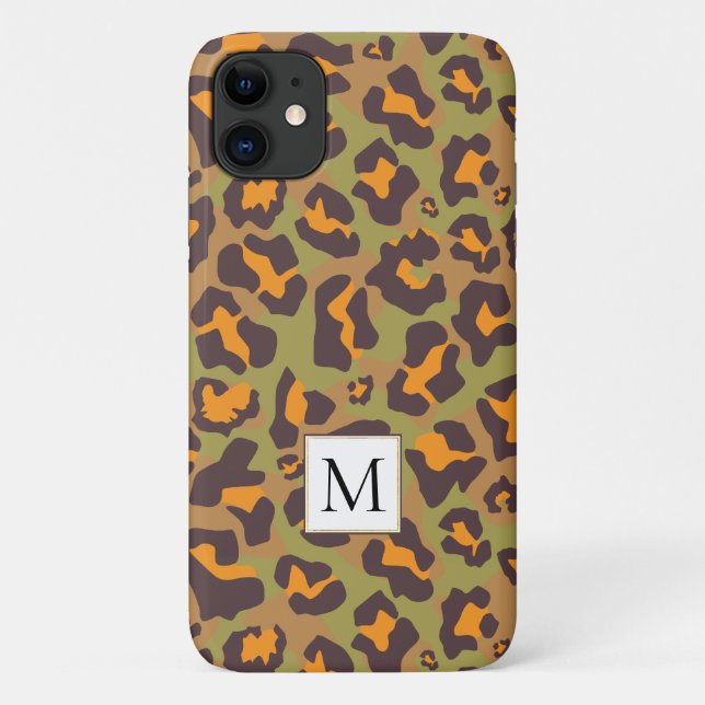 Capa Para iPhone 11 Impressão e monograma de leopardo castanho e laran (Verso)