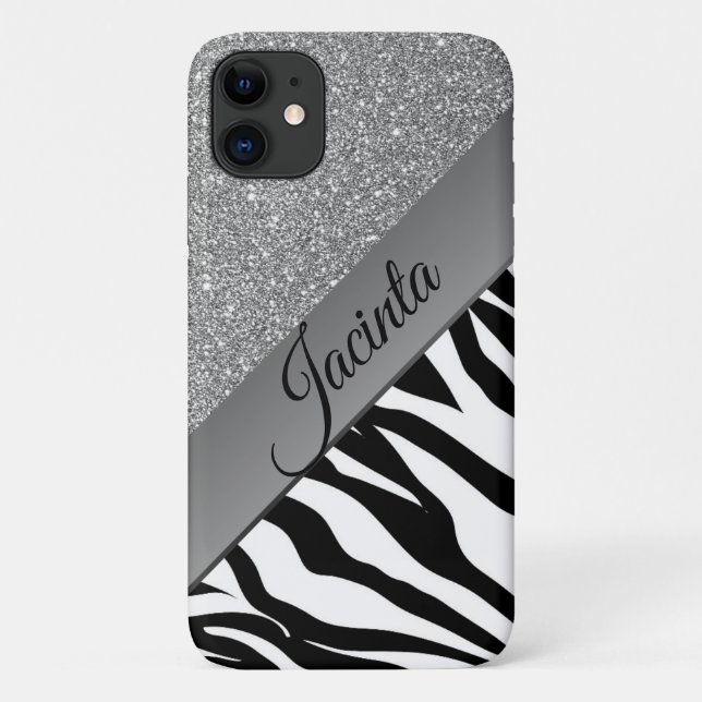 Capa Para iPhone 11 Impressão Glam Silver Glitter Zebra Personalizada (Verso)