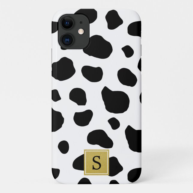 Capa Para iPhone 11 Impressão, Pontos De Vaca, Preto E Branco, Monogra (Verso)