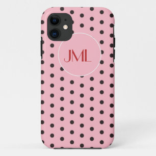 Capa Para iPhone 11 Iniciais com Bolinhas cor-de-rosa e castanho monog