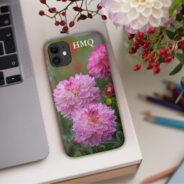Capa Para iPhone 11 Iniciais de Flor Dahlia Rosa e Branca