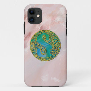 Capa Para iPhone 11 Inicial de Monograma Moderno em Ouro e Turquesa