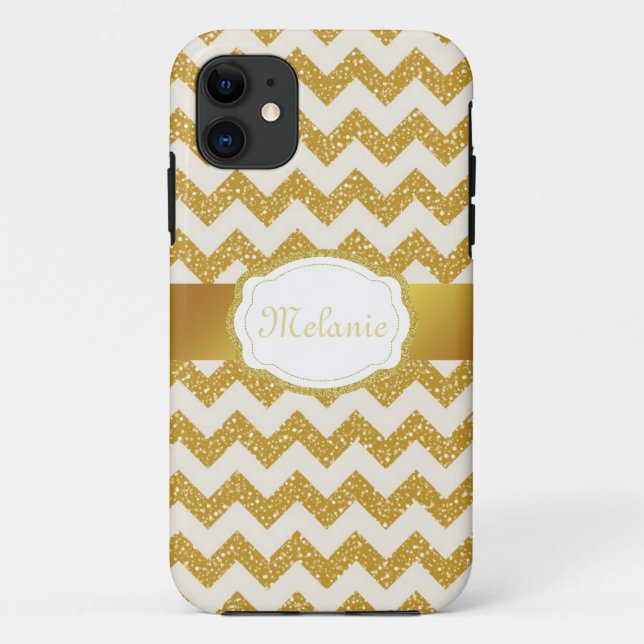 Capa Para iPhone 11 iPhone Dourado do monograma de Chevron do brilho (Verso)