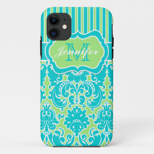 Capa Para iPhone 11 iPhone listrado azul, verde, branco 5 do damasco