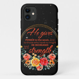 Capa Para iPhone 11 Isaiah 40:29 Ele dá ao poder Escritura Floral Verm