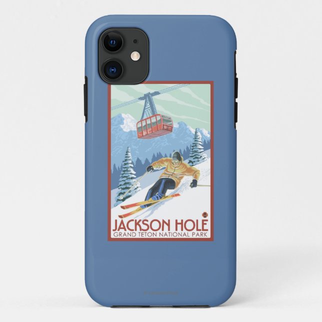 Capa Para iPhone 11 Jackson Hole, esquiador de Wyoming e bonde (Verso)