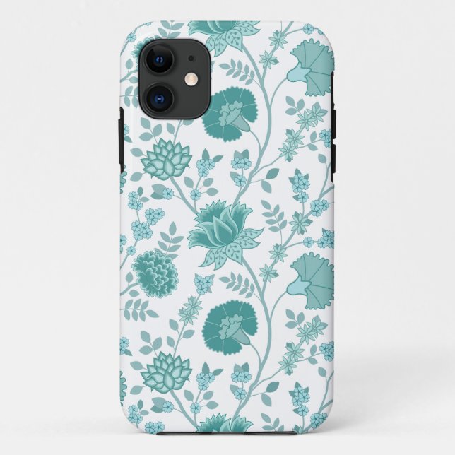 Capa Para iPhone 11 Jacobean Floral Big Pattern Teals on White (Verso)