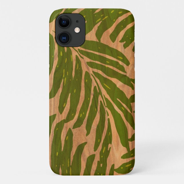 Capa Para iPhone 11 Kahanu Hawaiian Palm Faux Wood em Verde (Verso)