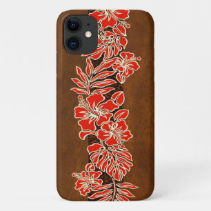 Capa Para iPhone 11 Kalaheo Havaiano Red Hibiscus Tapa Faux Wood